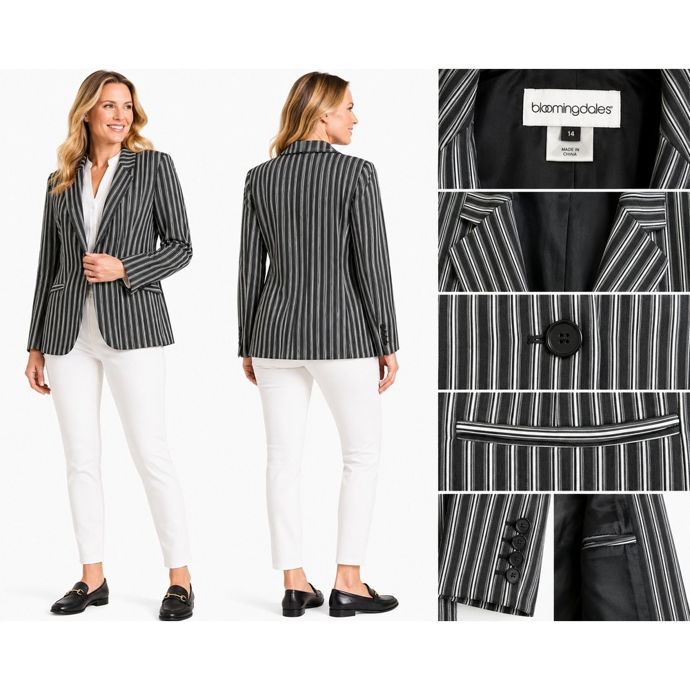 Bloomingdale's Blazer Womens 14 Black White Striped Single Button‎ Lined Jacket